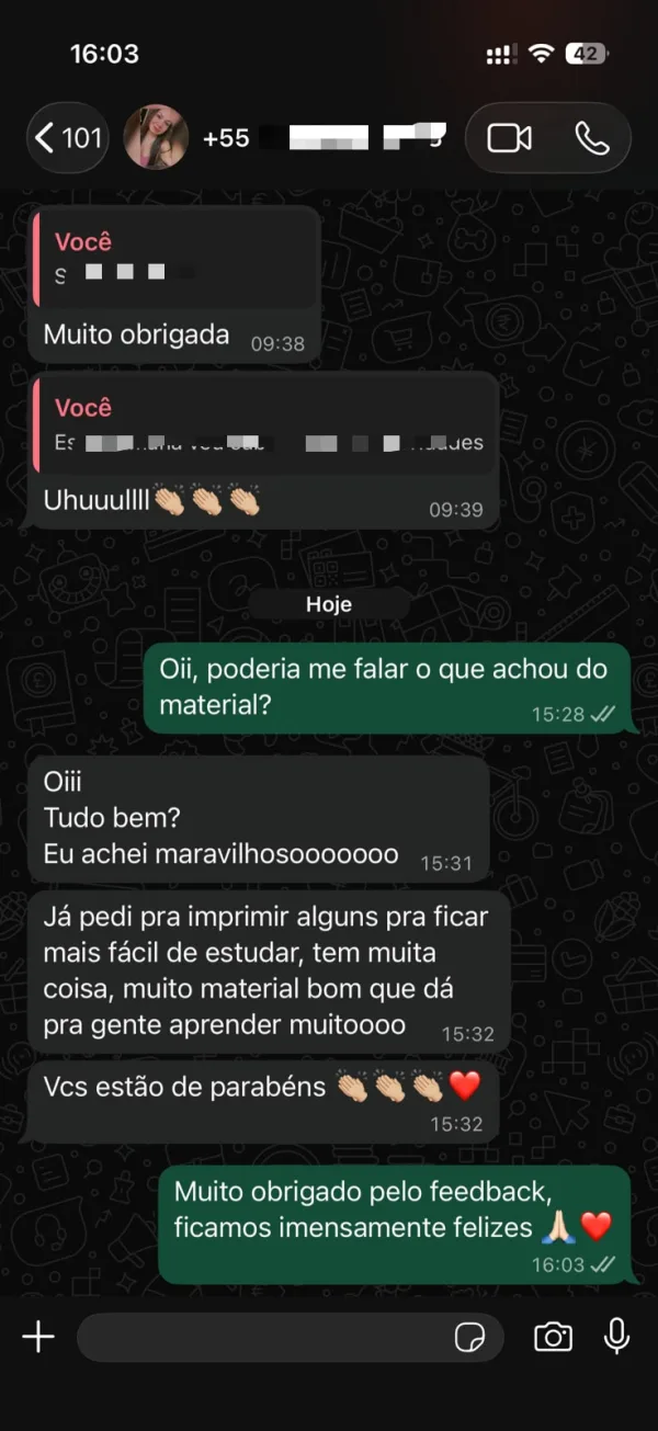 Print de conversa no WhatsApp com feedback de aluno do kit