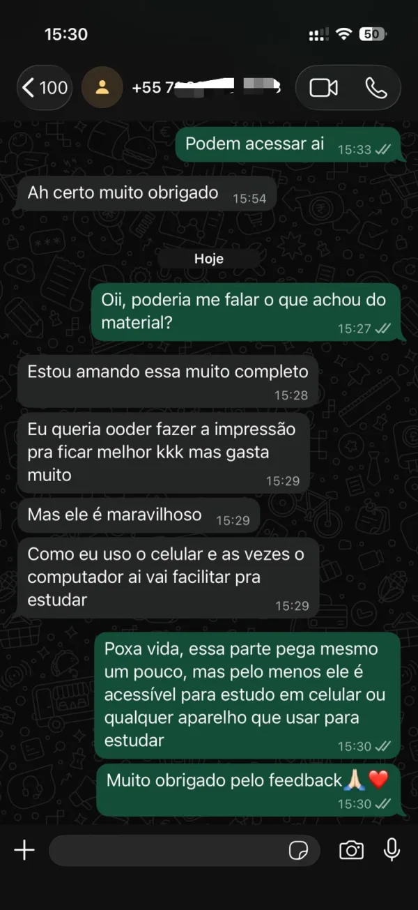Print de conversa no WhatsApp com feedback de aluno do kit