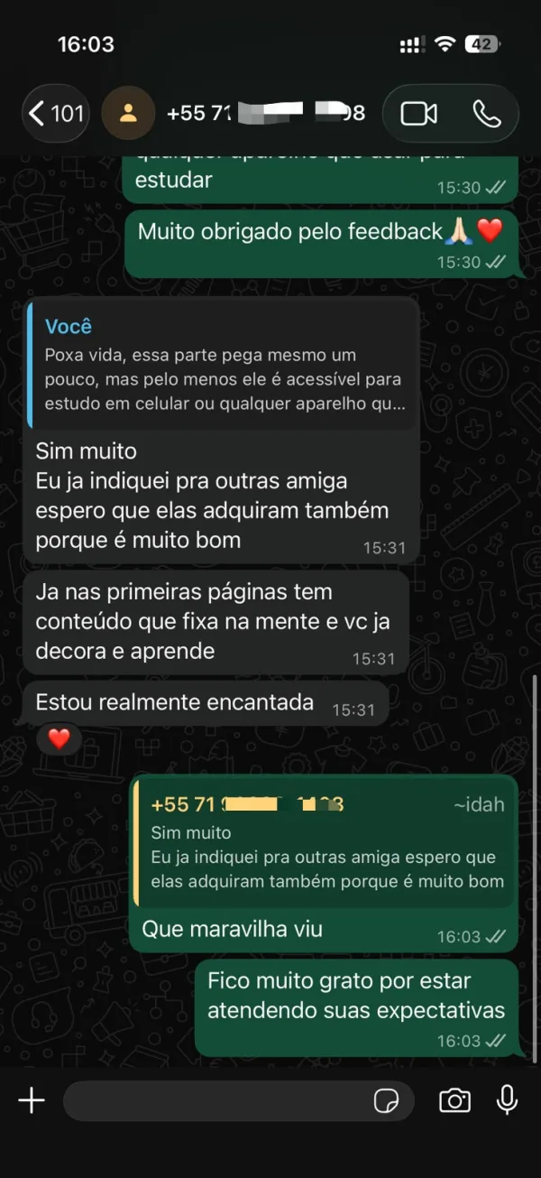 Print de conversa no WhatsApp com feedback de aluno do kit