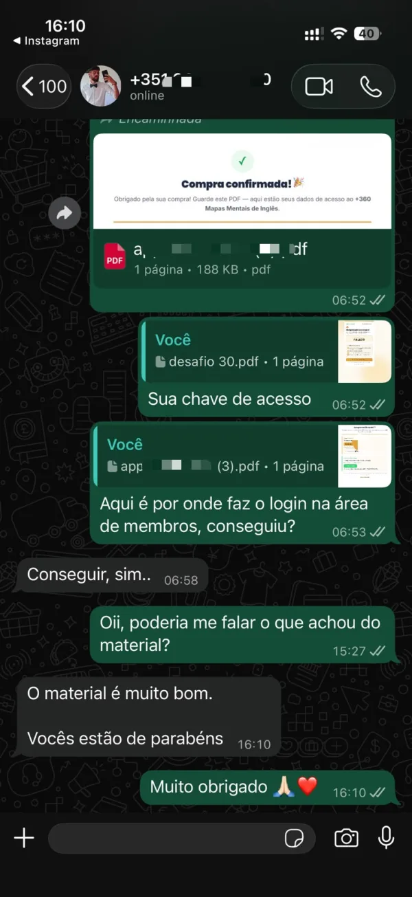 Print de conversa no WhatsApp com feedback de aluno do kit